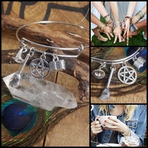 ☆Witchy☆ Stainless Steel Bangle Bracelet Pentagram Spell Witch Hat Broom Magic